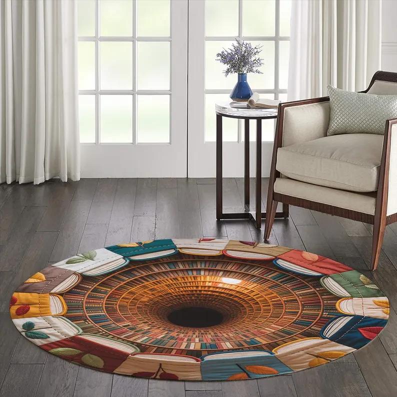 

Enchanted Library Tunnel 3D Illusion Round Carpet for Book Nook Living Room Floor Mat Bedroom Literary Decor Rug 80cm x 80cm