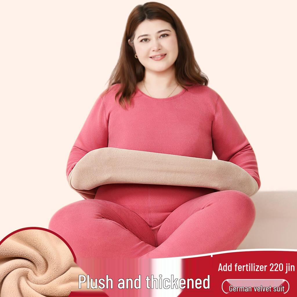 Women's Plus Size Fleece-Lined Lambswool Dralon Crew Neck Warm Underwear Set for Winter Cold Protection