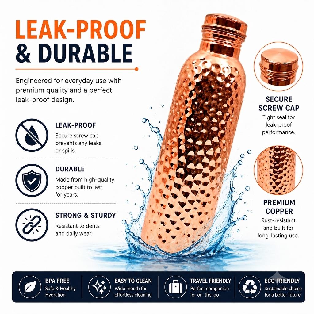 Nirmal Ganga Hammered Copper Bottle 1L | Pure Copper Water Bottle | Handcrafted Leakproof Design | Pack of 1