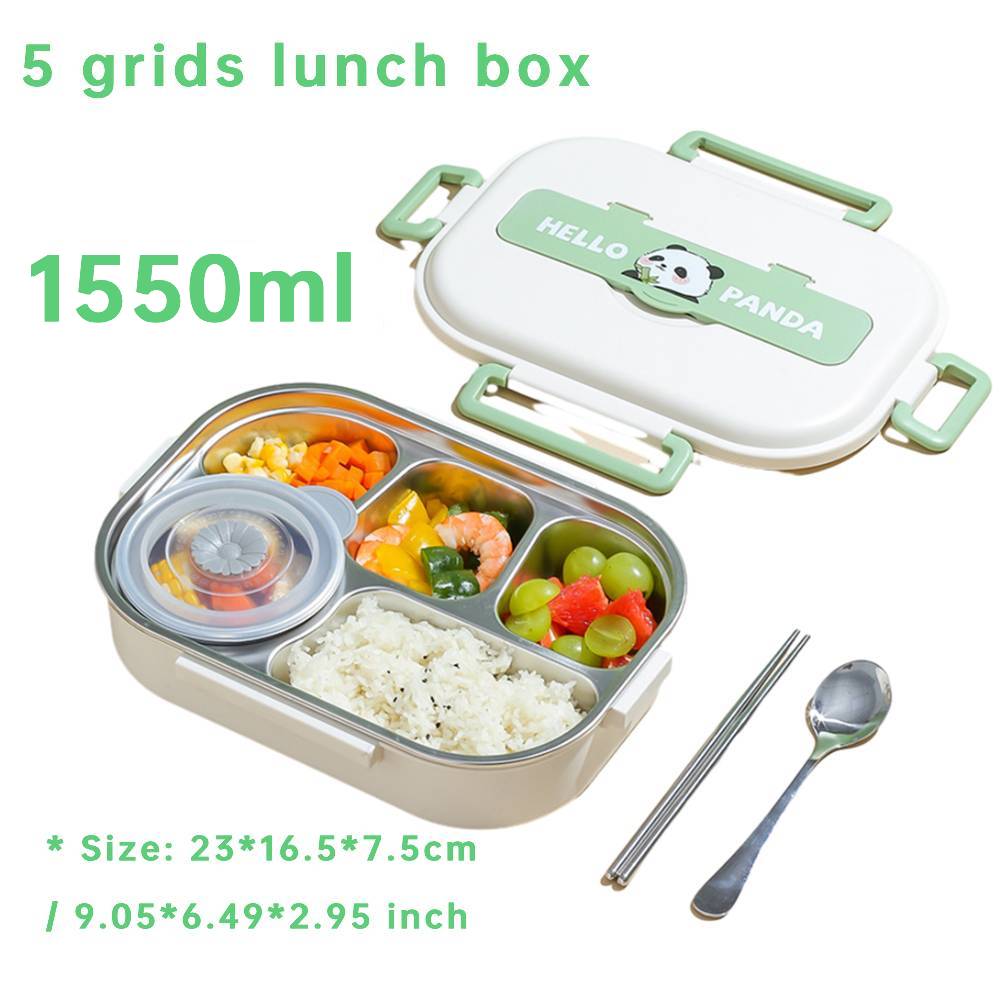 Stainless Steel Leakproof Lunch Box Microwave Safe 2/4/5 Grids with Cutlery Set Panda for Adults Kids for Children School Picnic