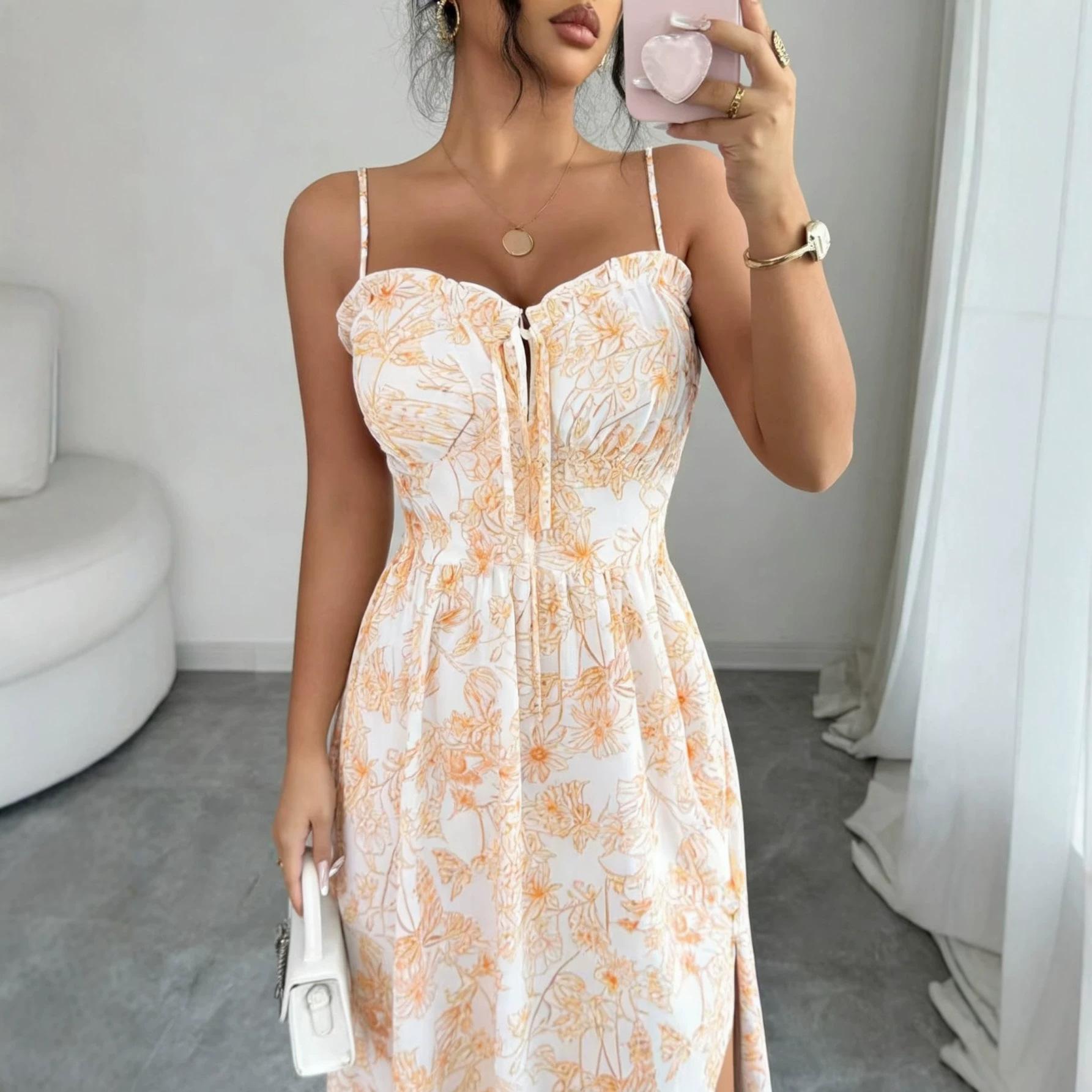 

Customized European and American fresh floral suspender dress, chest strap, waist, thin side split temperament medium and long dress D 5XL світло-жовтого кольору