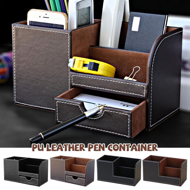 1pc PU Leather Pen Holder & Drawer Organizer Box Multifunctional Office Desktop Storage for Stationery Sorting S/M Size