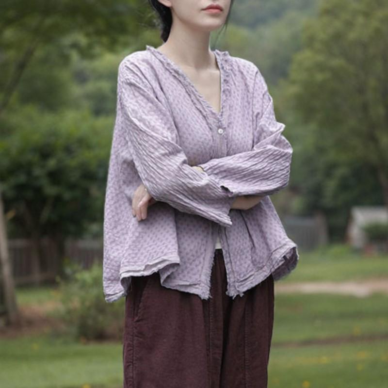 Johnature Women Chinese Style Shirts Tops V-Neck Long Sleeve Spring Blouses Patchwork Loose Vintage Shirts