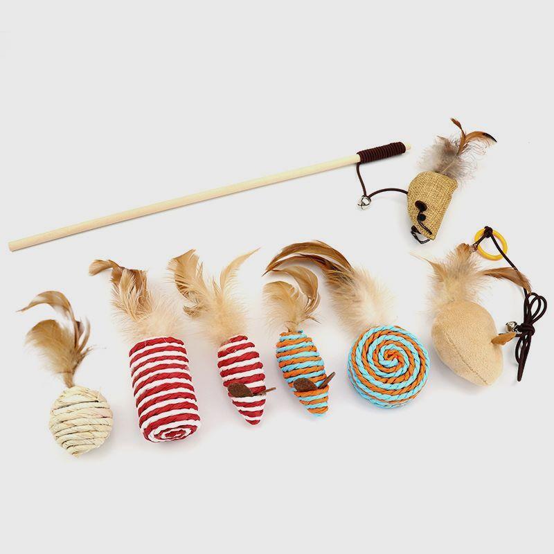 

Cross-Border Pet Supplies Cat Playing Rod Mouse Seven-Piece Cat Toy Feather Bell Solid Wood Bar Cat Teaser Suit Seven-piece color random