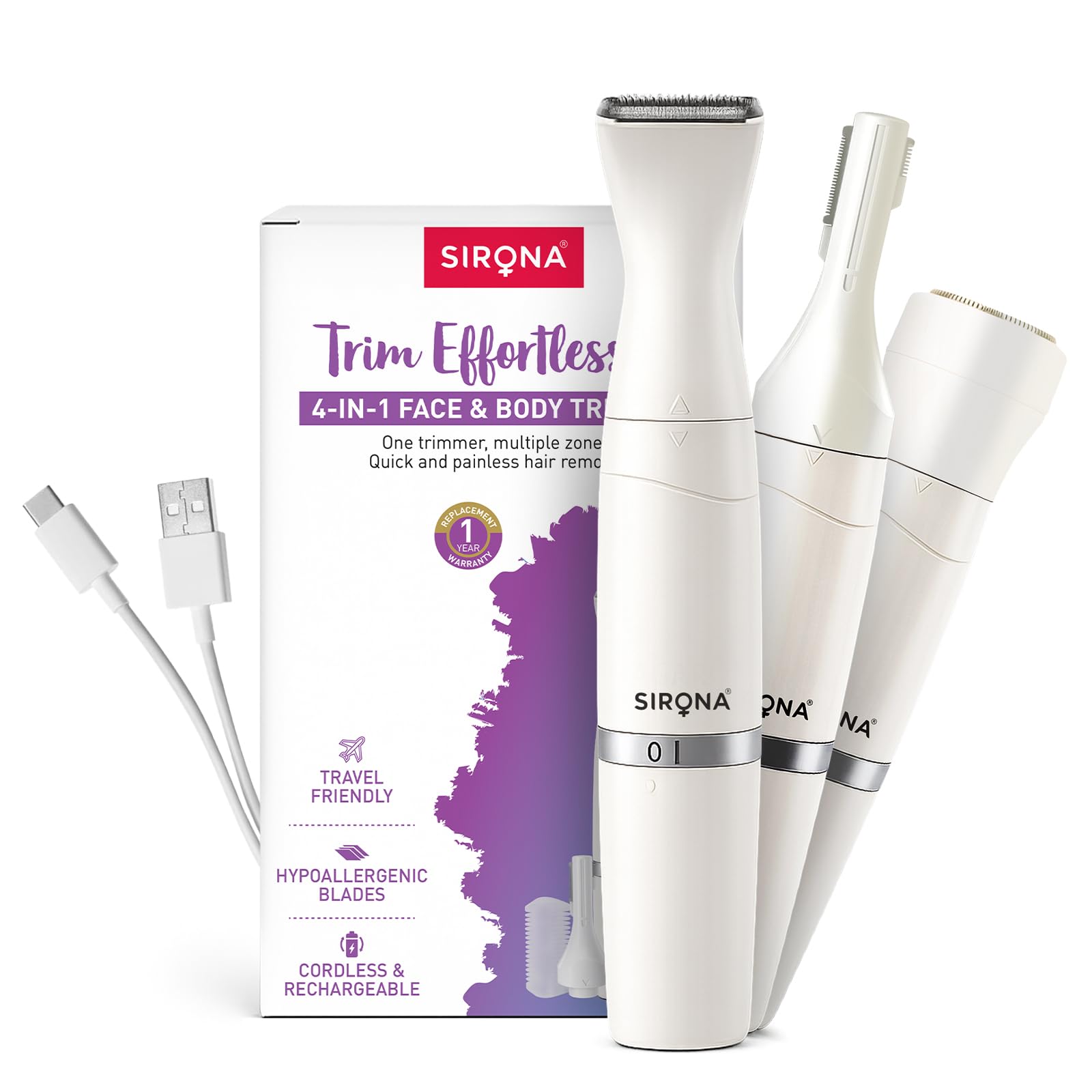 

Sirona 4-IN-1 Face & Body Trimmer for Women | Body Trimmer & Shaver, Eyebrow Trimmer | Painless Hair Removal for Arms, Underarms, Legs & Bikini |