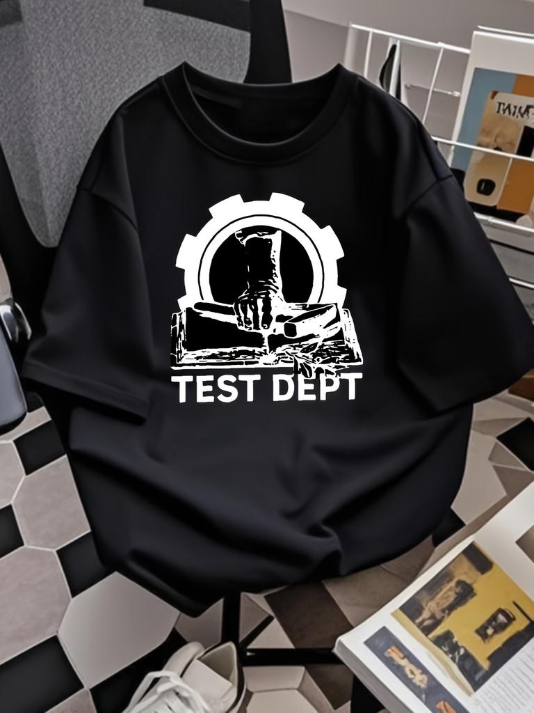 Test Dept Industrial Music Logo T-Shirt - Features a Black Backdrop with a White Gear And Recognizable Logo Print
