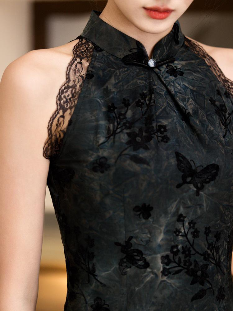 

Бархатное платье ципао с халтером: Сексуальное черное платье для похудения - издание Лето 2025 L чёрный