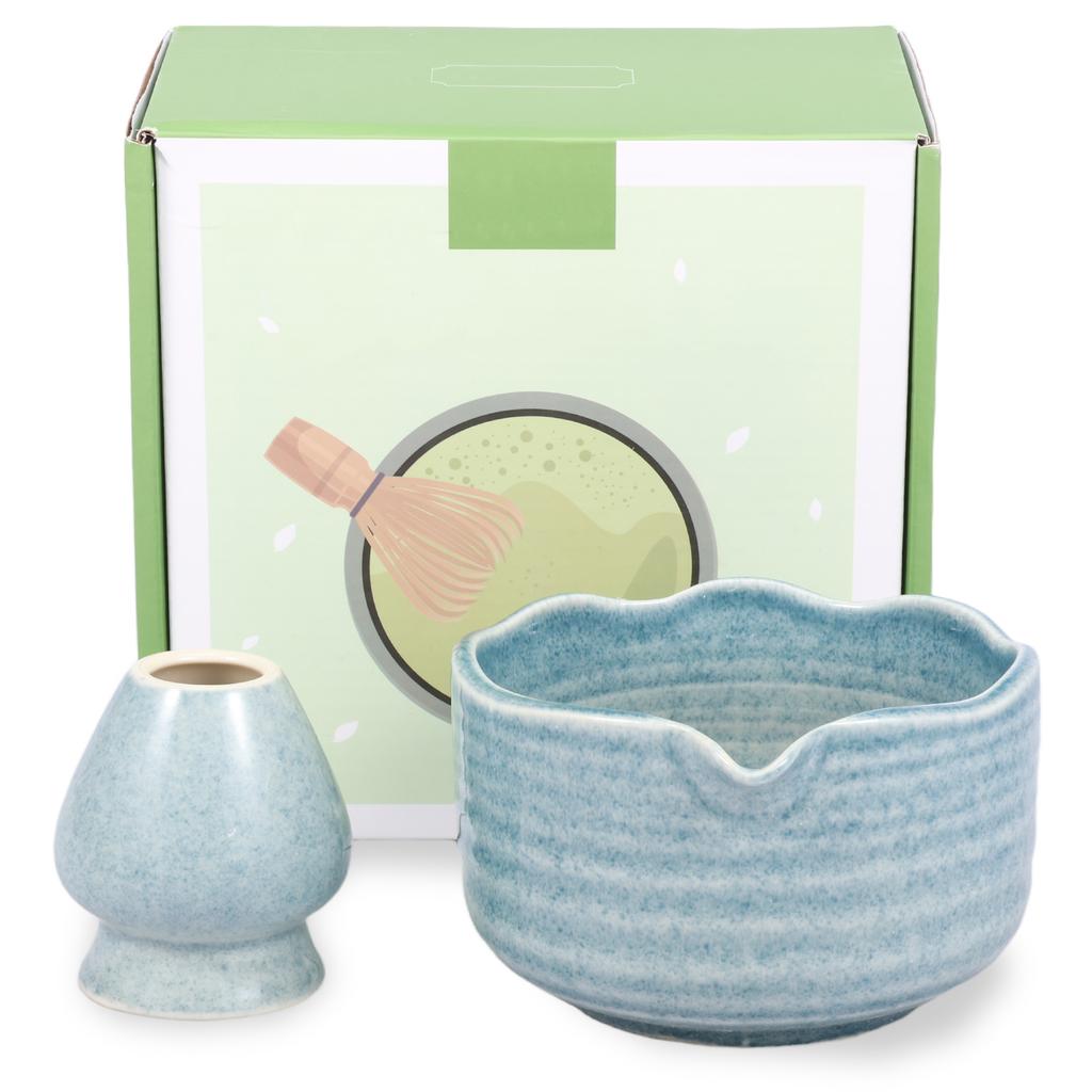 2 Pcs Matcha Making Kit Gradient Color Waved Rim Design Matcha Bowls and Ceramic Tea Whisk Stand Heat Coldness Resistant Tea Set
