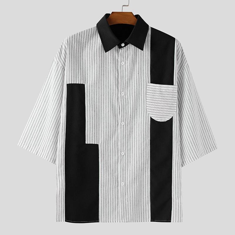 

INCERUN Oversized Men Lapel Short Sleeve Striped Patchwork Casual Shirts S чёрный