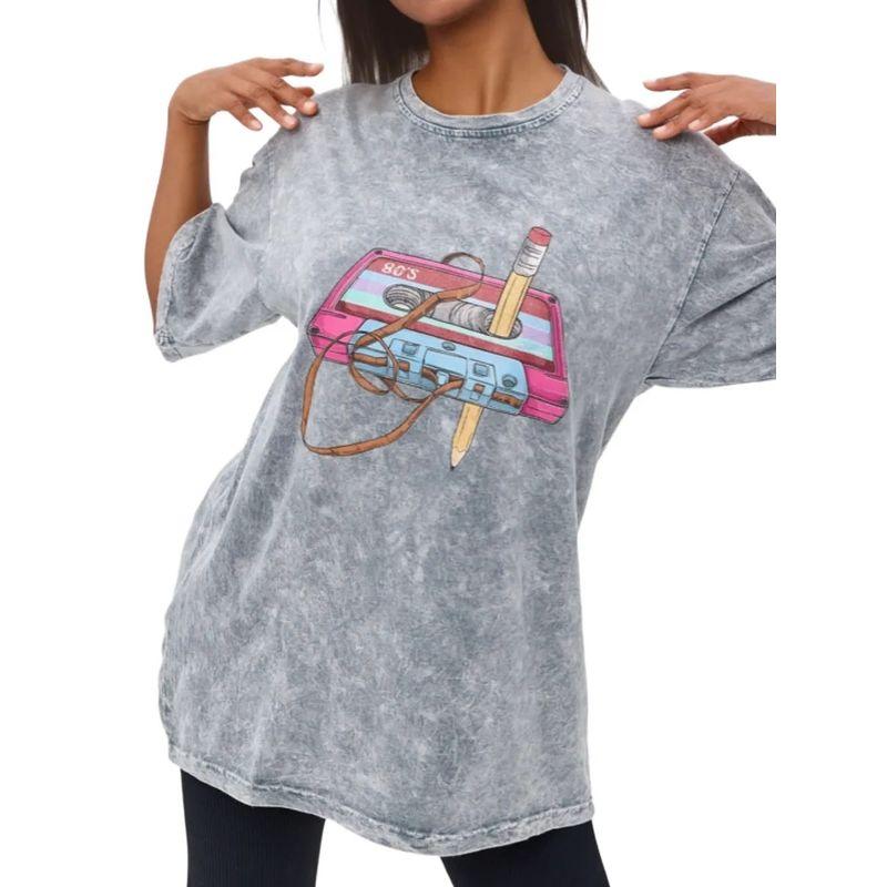 Western Style Fashion Washed Distressed Print Short sleeve T-shirt Loose Casual Top Printed T-shirt Top