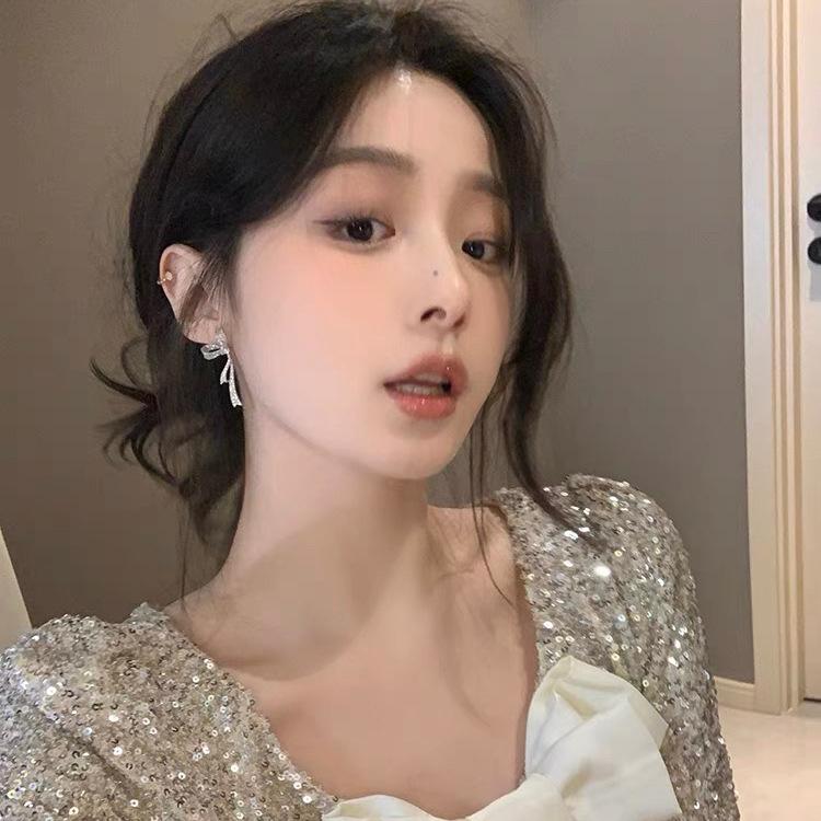Thousand Gold Temperament Bow Earrings Light Luxury High-End Unique Earrings Super Flash Full Diamond Niche Temperament Earrings Women