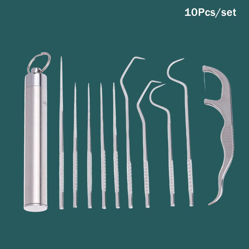 1 Set - Edelstahl-Zahnstocher-Sets Tragbares Zahnseide Wiederverwendbare Zahnstocher Zahnsteinentfernung Reinigungs-Kit Mit Schlüsselanhänger-Halter