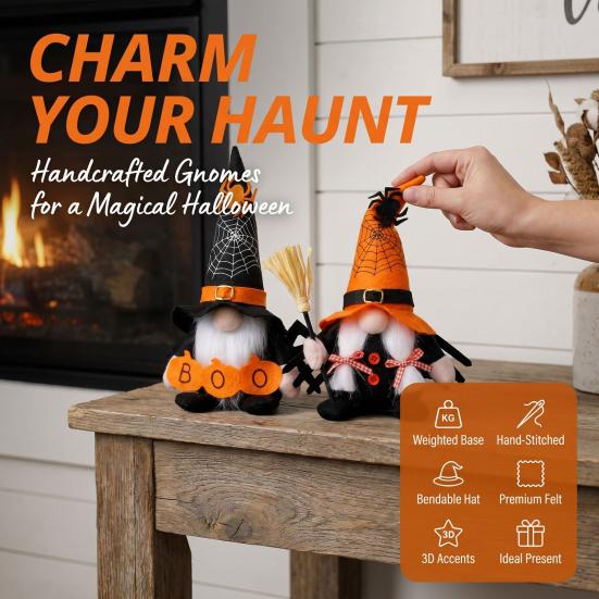 Reusable Festival Tabletop Decor Halloween Gnome Decoration, Spooky Orange Black Spider Web Boo Swedish Tomte Gift for Kids Adults Elf Figurine, Plush