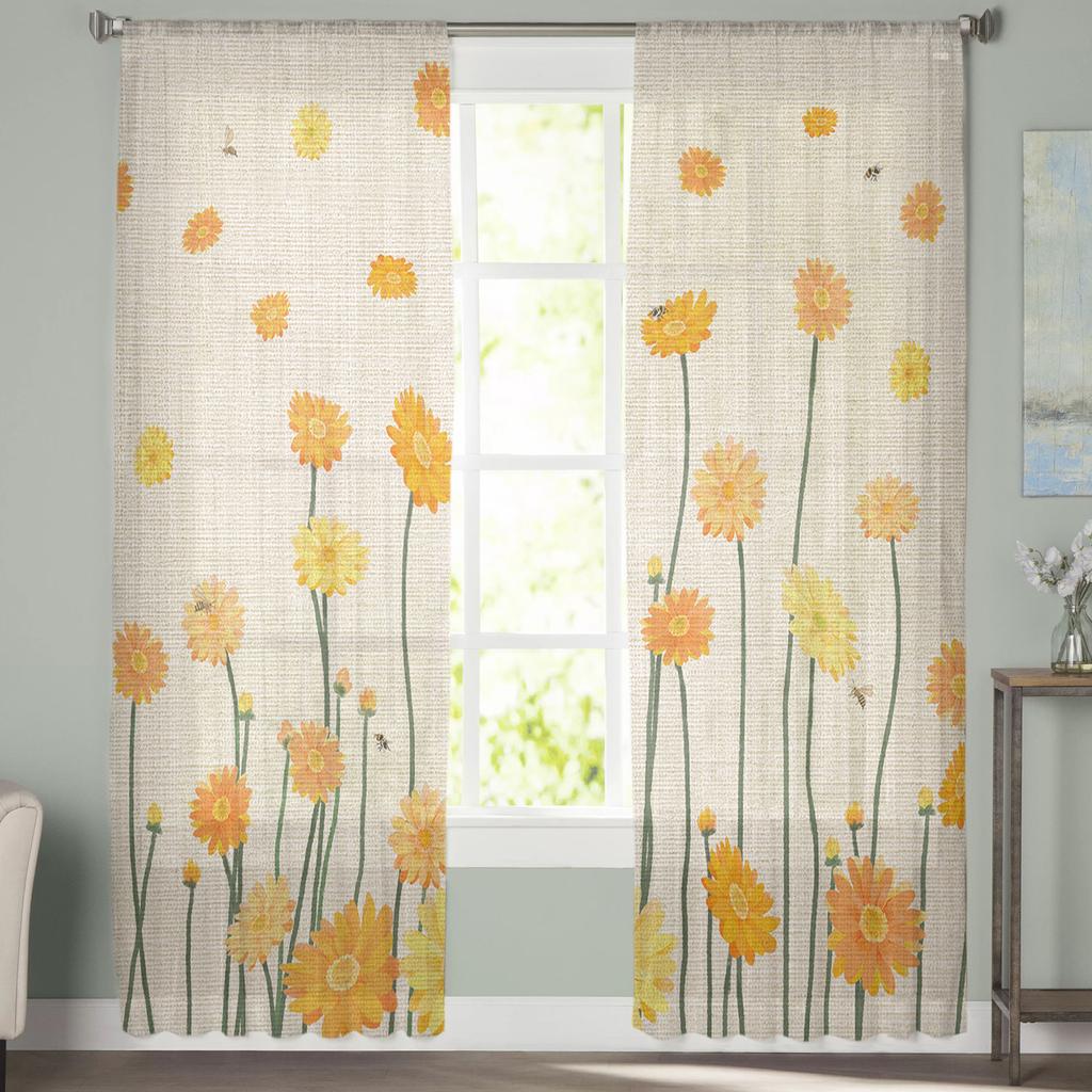 Yellow Daisy Flower And Bee Sheer Window Curtains For Living Room Kitchen Children Bedroom Voile Hanging Curtain