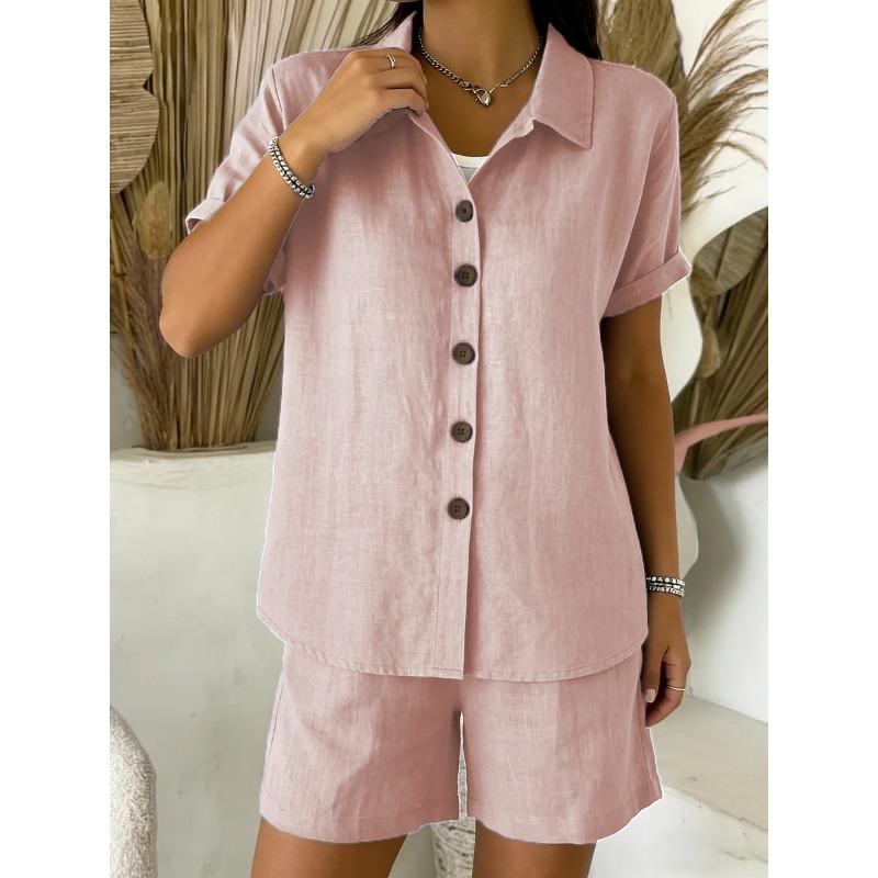 Set Casual con Camicia a Maniche Corte con Bottoni e Pantaloncini per Donna