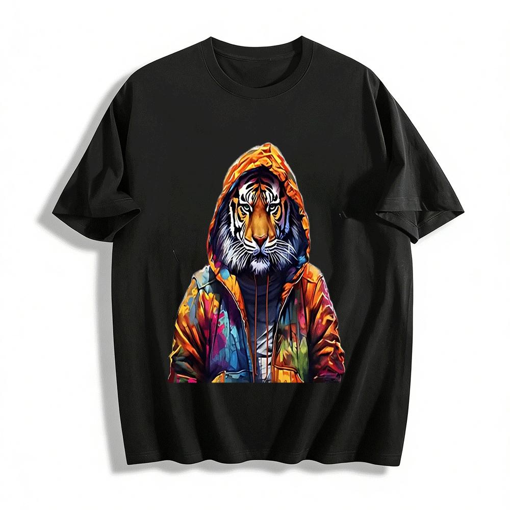 

Cool Anthropomorphic Tiger Print Casual Hoodie For Men Women Pure cotton T-shirt XXS