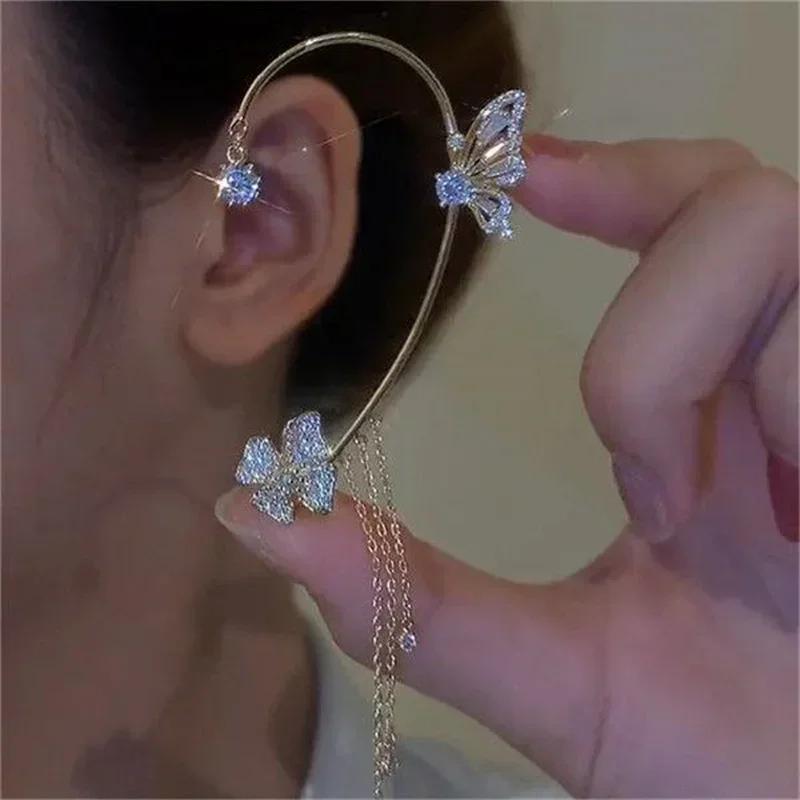 Vintage Classic Gold Silver Metal Butterfly Wings Swallow Earclip Exquisite Thornless Women's Shining Zircon Earrings Jewelry