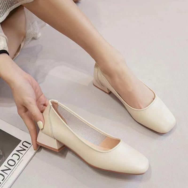 Fashion Ladies Summer Footwear Square Toe Shoes for Women 2025 with Medium Heels White Office Social Elegant Classy Fashion A Spring