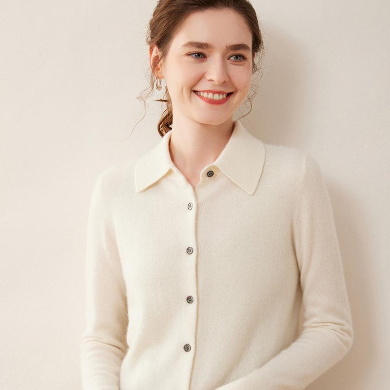 Elegant Women's Cashmere Knit Polo Collar Cardigan - Long Sleeve, Loose Fit, Versatile and Warm.