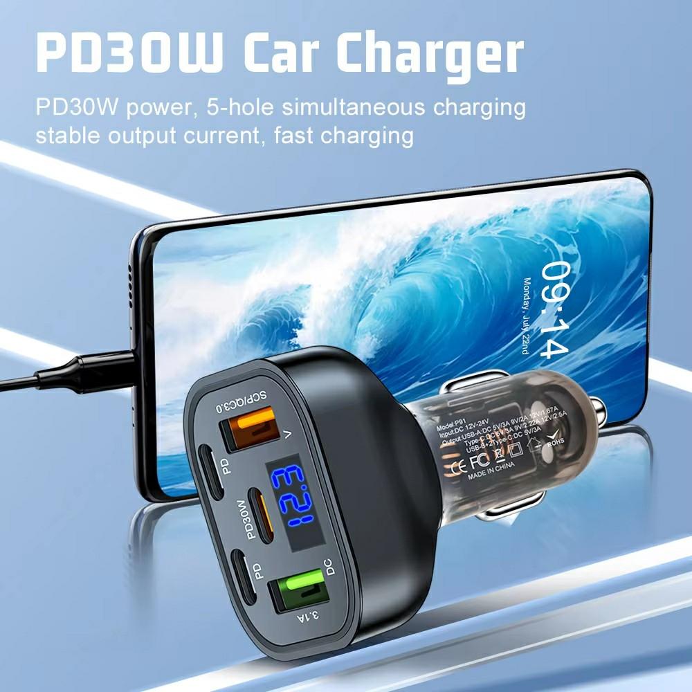 P91 3 Type C + 2 USB 5 In 1 150W Car Charger QC3.0 PD Fast Charging Adapter with Voltage Display