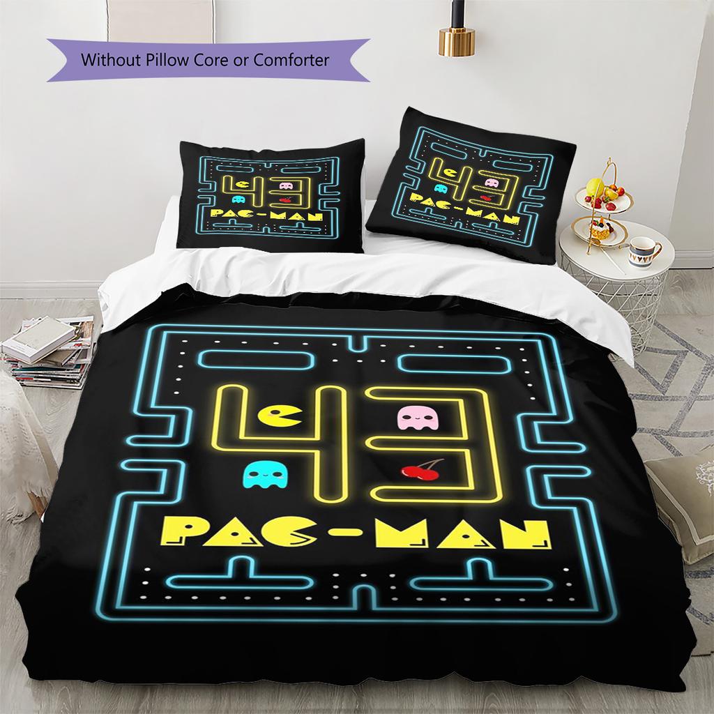 Pościel z wzorem Pac-Man, Zestaw kołdry Poszewka na kołdrę Poszewka na poduszkę Domowy prezent urodzinowy (1 * poszwa na kołdrę + 2 * poszewki na poduszki, bez rdzenia)