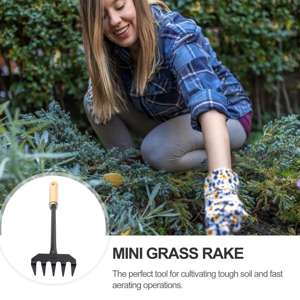 Lurrose 32cm Mini Iron Garden Rake with 5 for Loosening Soil and Mixing Gardening Hand Tool Teeth, Fertilizer,
