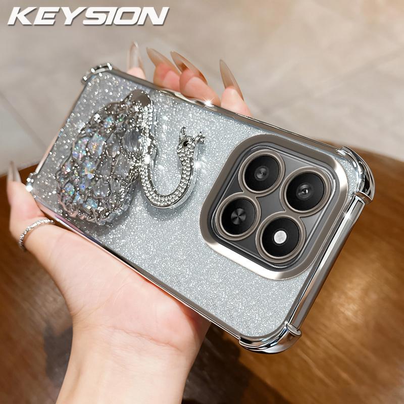 KEYSION Shockproof Plating TPU Phone Case for HONOR X7d 5G Glitter Jewelled Swan kickstand Back Cover for Honor 400 Smart 5G