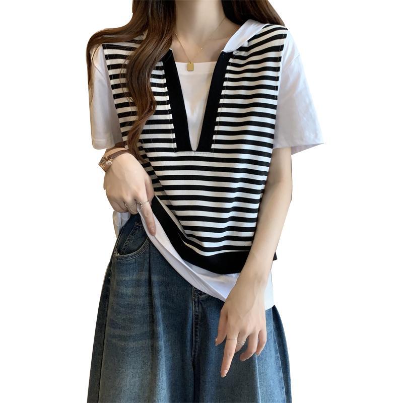 Sommer Dünnes Gestreiftes Fake Zweiteiliges Design Damen T-Shirt Oversized Stil Schickes Damen T-Shirt Locker Modisch Schlicht Vielseitig