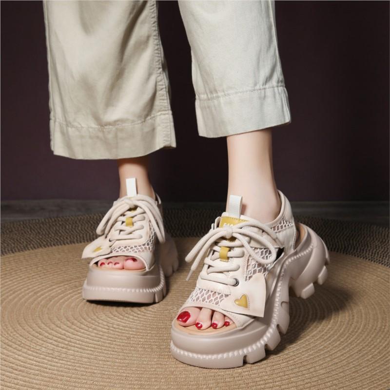 Johnature Fashion Hollowed Out Sandals Genuine Leather Thick Soled Lace Up Breathable Women's Platform Shoes