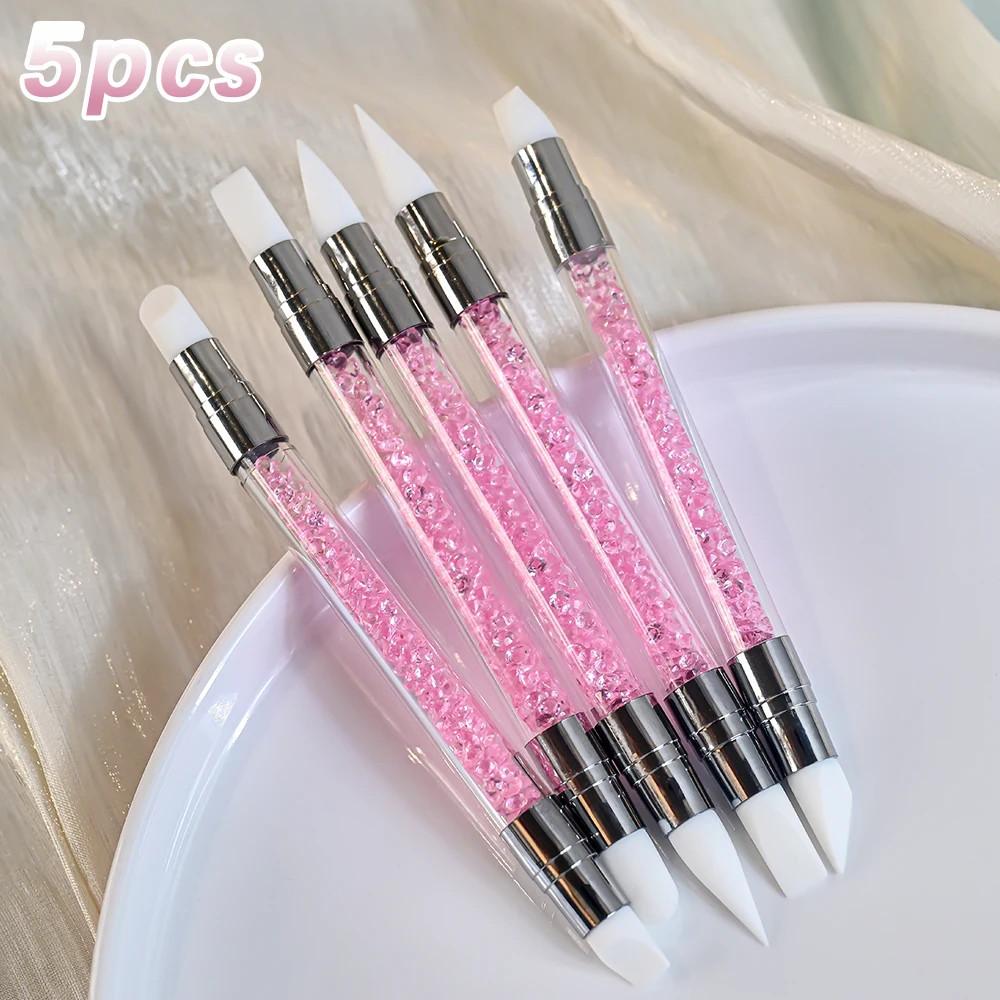 5 buc Pensule Roz cu Două Capete din Silicon pentru Nail Art Sculptură Flori 3D Băț de Lipici Pensulă pentru Embosare DIY Manichiură Pensulă pentru Puncte Nail Art