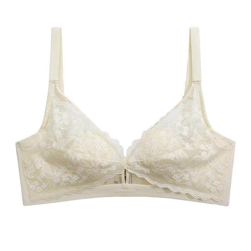 French Lace Crystal Cup Wireless Bra, Ultra Thin Minimizer Side Gathering Anti-Sag Bra for Full Bust Summer Women