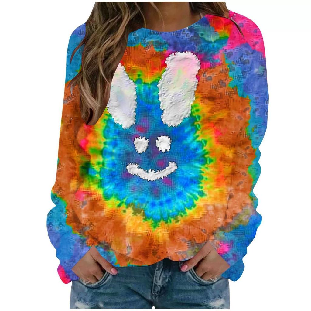 Round Neck 3D Tie Dye Rabbit Printed Top Fashionable Casual Long Sleeved Women's T-shirts