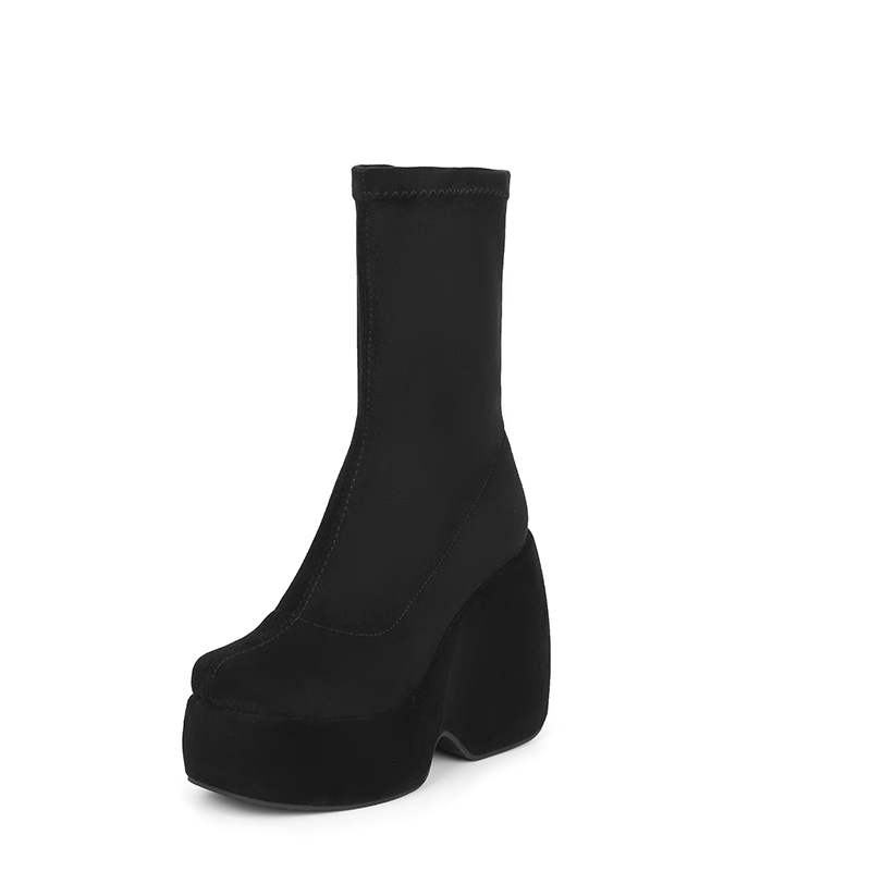 lenkisen Flock Herbst Winter Schuhe Super High Heels Keile Elastische Plateaustiefel Halten Warm Fashion Mid-Calf Stiefel