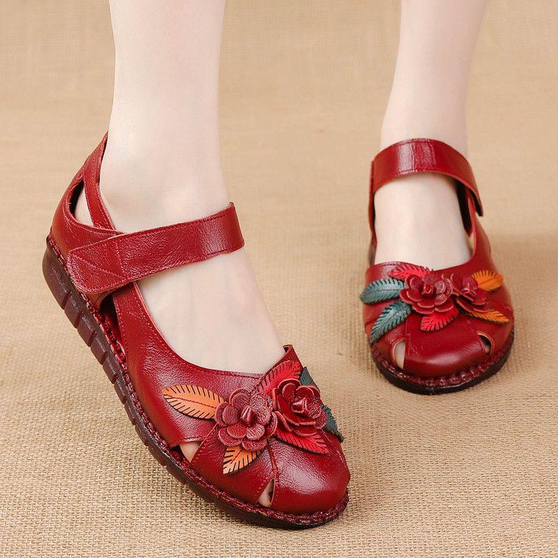 

Размер 42 Сандалии из натуральной кожи на плоской подошве Женские Летние Туфли с вырезами Мамины Женские Ретро Сандалии с цветами Ортопедические для Дам 35 красный