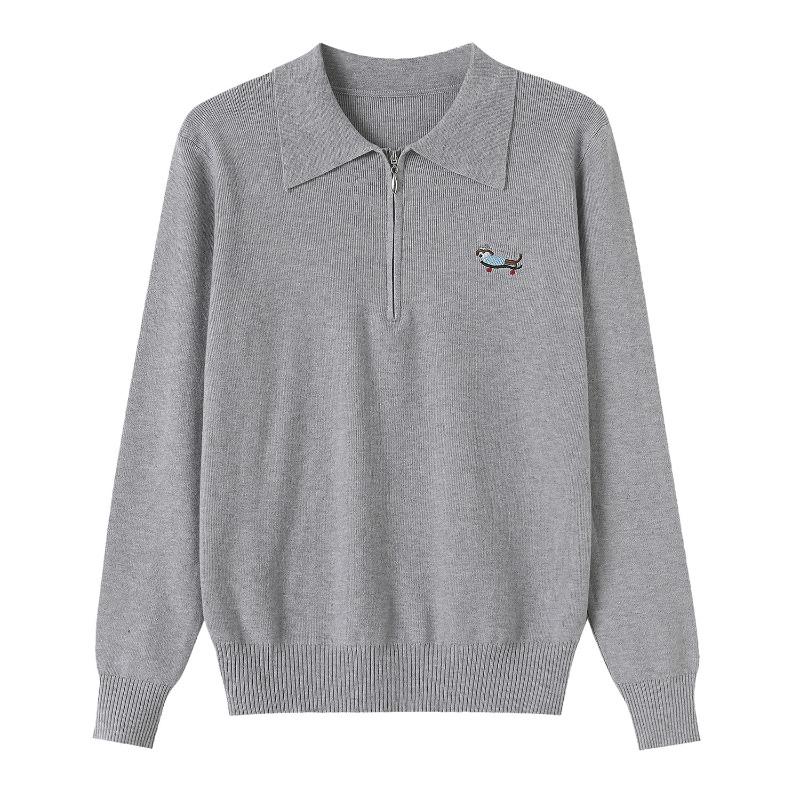 Spring and Autumn New Knitted Top Loose Lapel Bottom Shirt Thin Retro Embroidered Polo Neck Long Sleeve