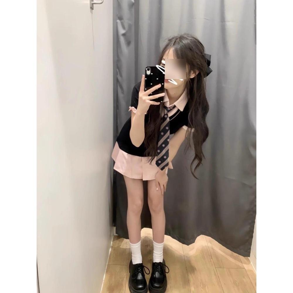Collegiate style sweet and spicy fake two-piece dress summer petite American polo collar uniform slim pleated short skirt