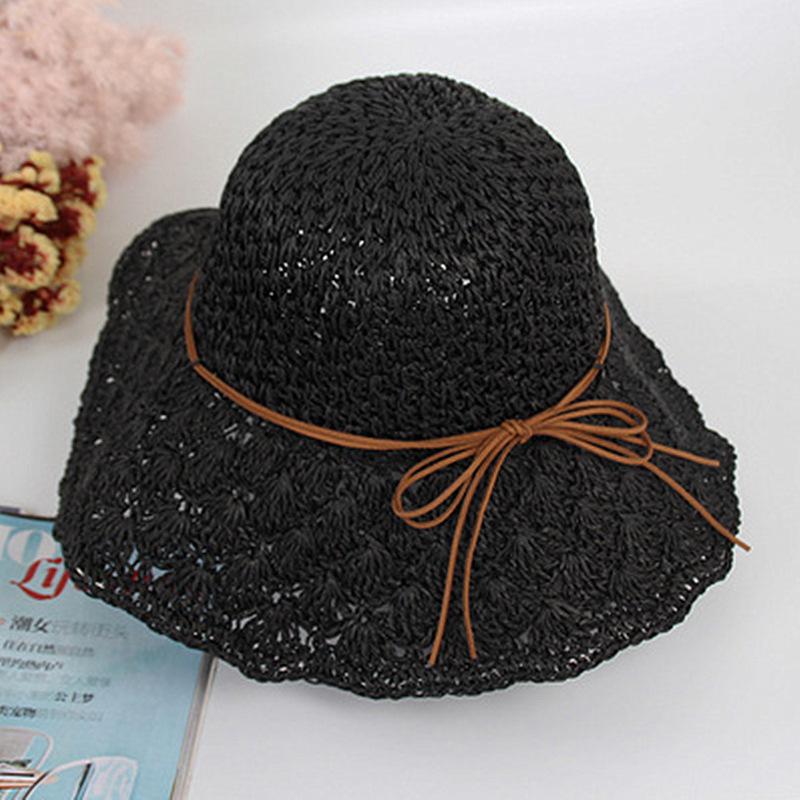

Женская вязаная крючком соломенная шляпа ручной работы, складная, универсальная, с бантом, для путешествий, отпуска, козырек, пляжная шляпа с большими полями, летняя Adjustable чёрный