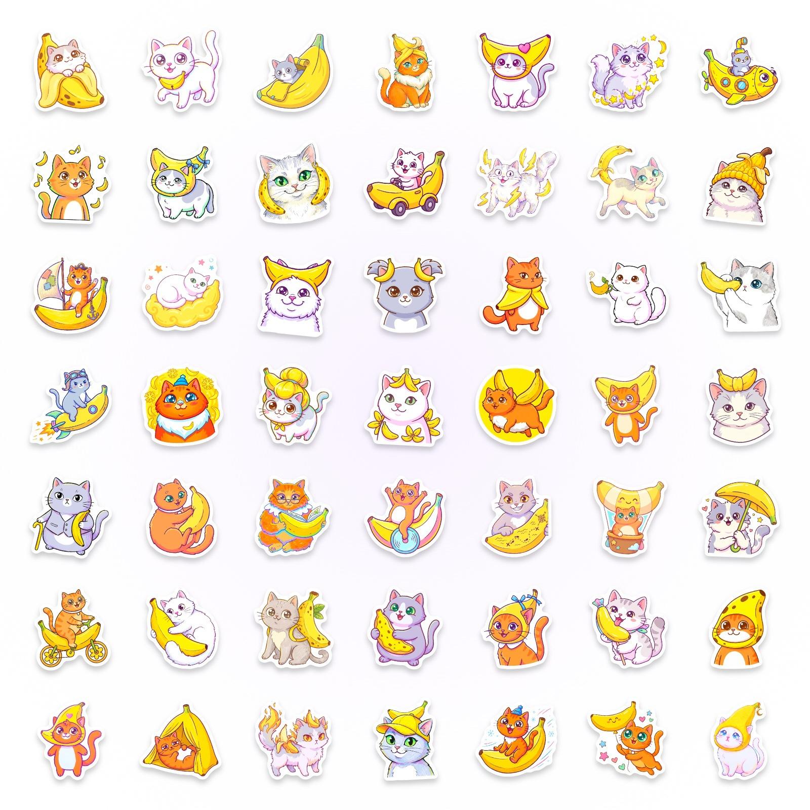50 Cartoon Banana Cat Stickers Cute Cat Children S Reward Pp Decal Waterproof Decorative Sticker