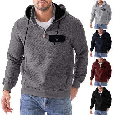 Moletom Masculino Xadrez de Cor Sólida com Capuz Moletom Masculino Casual com Bolso e Meio Zíper