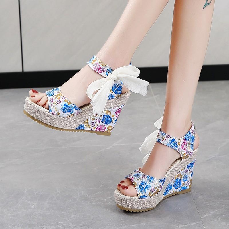 Spring and summer new wedge heel fish mouth sandals high heel sandals lace-up water platform platform sandals 35