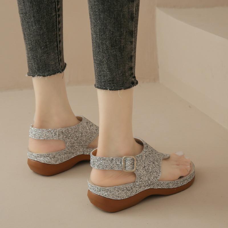Herringbone sandals summer new thick-soled wedge heel toe women's shoes buckle casual sequins retro large size sandals