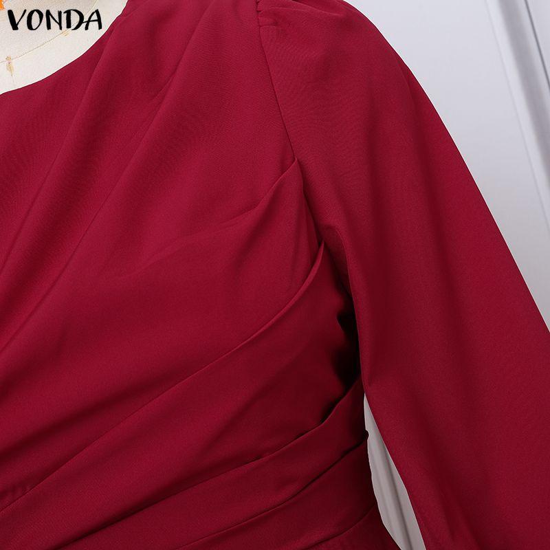VONDA Elegant Women Casual  Round Neck Long Sleeve Front Pleated Long Swing Dress