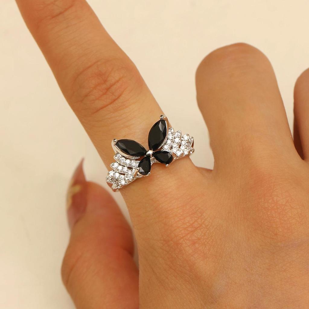 Elegant Geometric Butterfly Ring with Zircon Inlay - Adjustable Double-Layer Design for Women