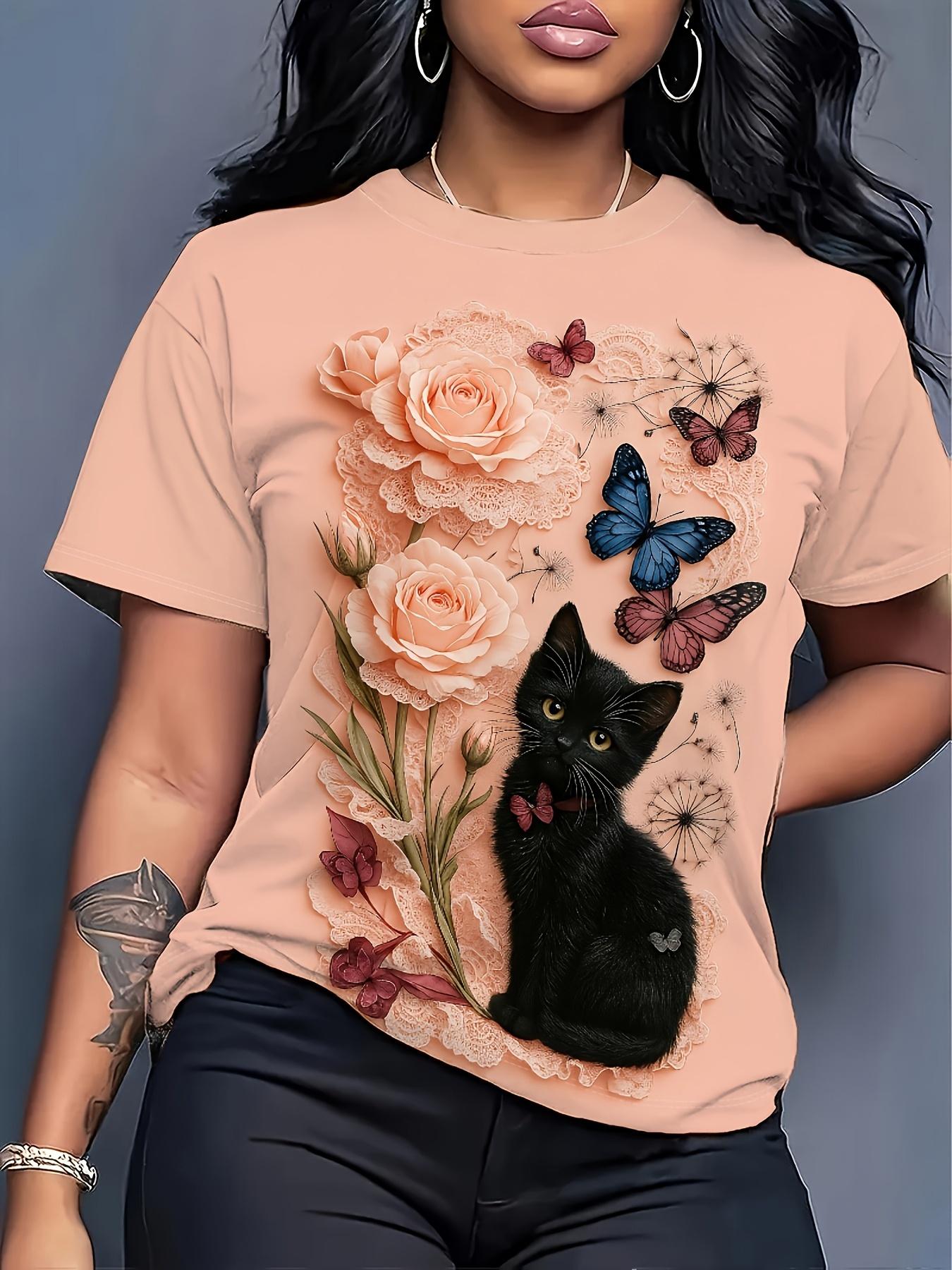 

A Soft Pink Apricot-Huedprinted Tee for Ladies. Featuring a Black Cat And Rose Butterfly Lace Design. with a Round Neck And Short Sleeves. Perfect for 3XL