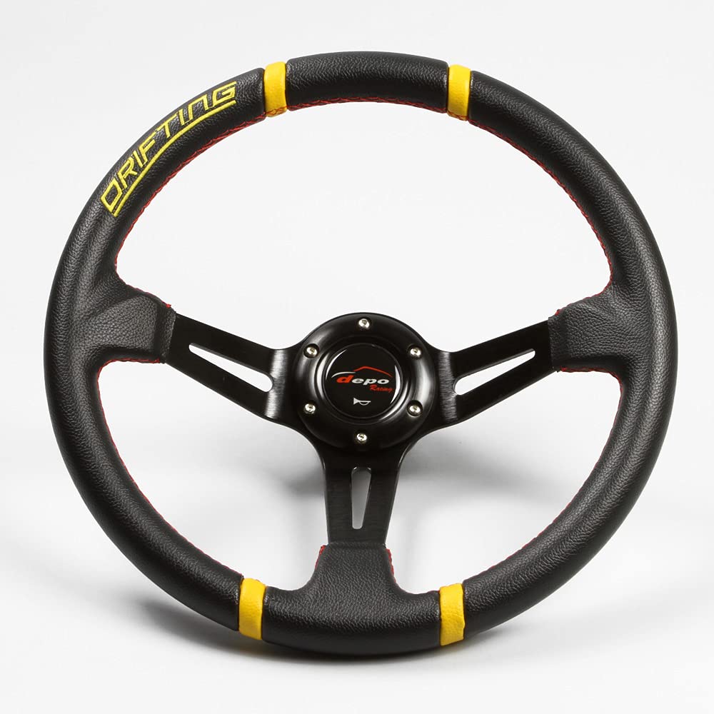 35mm Deep Cone Steering 70mm Faux Leather PVC Red Cross Stitch Wheel, Drifting, (DD35P)