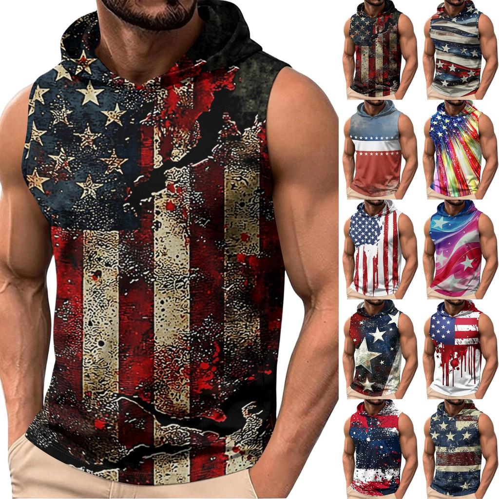 Men's Casual Sleeveless Hoodie Tank Top with Independence Day Print Lightweight Summer Muscle Fit Activewear
