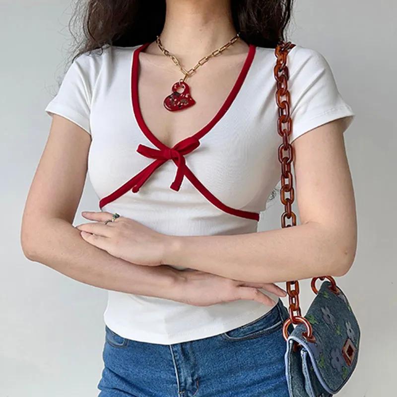 Women's White Red Contrast Bow Deep V Short Sleeve Slim Fit Ribbed T-Shirt