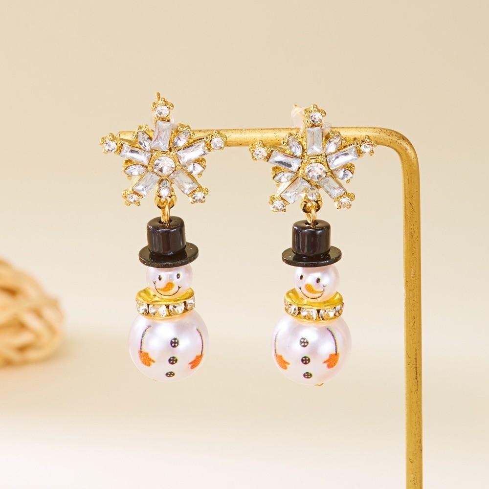 Imitation Pearl Snowman Earrings Rhinestone Xmas Dangle Earrings Christmas Earrings  Holiday