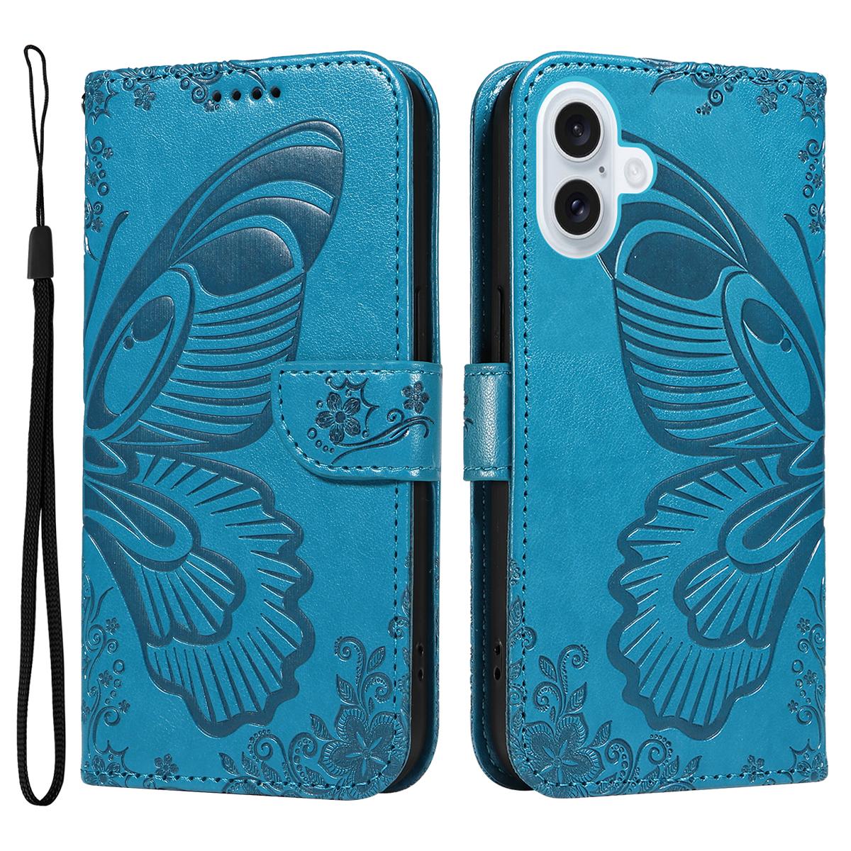 

For iPhone 17 Case Butterfly Pattern PU Leather Folio Flip Phone Cover Blue