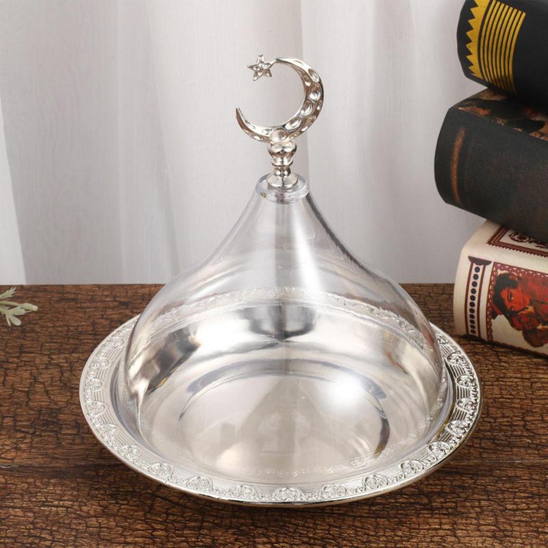 Metal Ramadan Tray With Clear Dome Lid Mini Cake Candy Tray Reusable Dessert Tray Round Food Storage Organizer For Eid